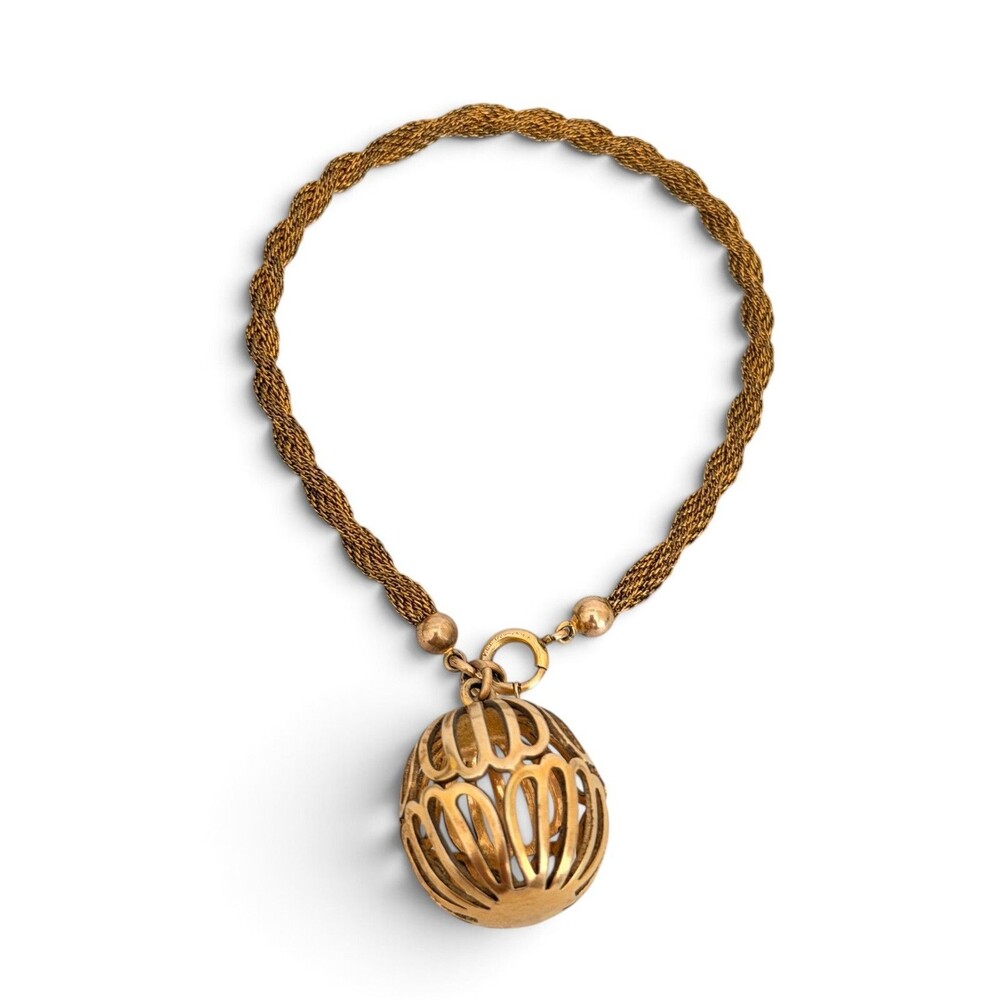 Vintage 12K Gold Filled Mesh Cord Bracelet Orb Cage Pendant F.C. Co.